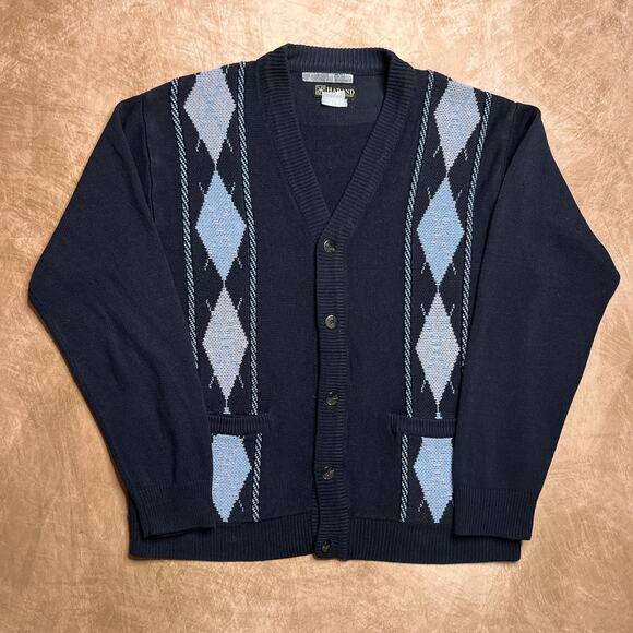Vintage 90s Haband Argyle Diamond Cardigan Sweater Knit Navy Blue Pockets - Picture 6 of 6
